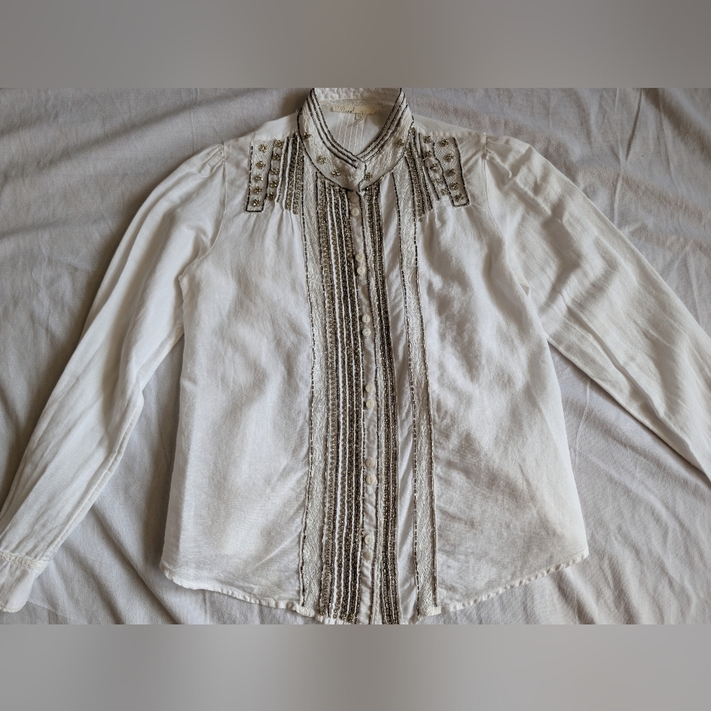 Floreat Anthropologie Linen Blend Beaded/ Rhinestone Lac Sleeve Button Up Size 2